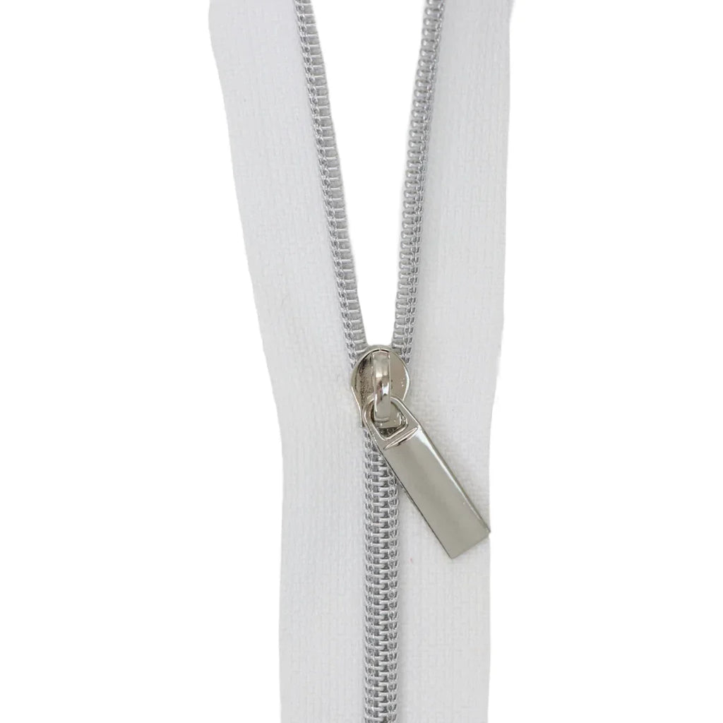 White Nylon Coil Zipper #3 - Nickel Finish