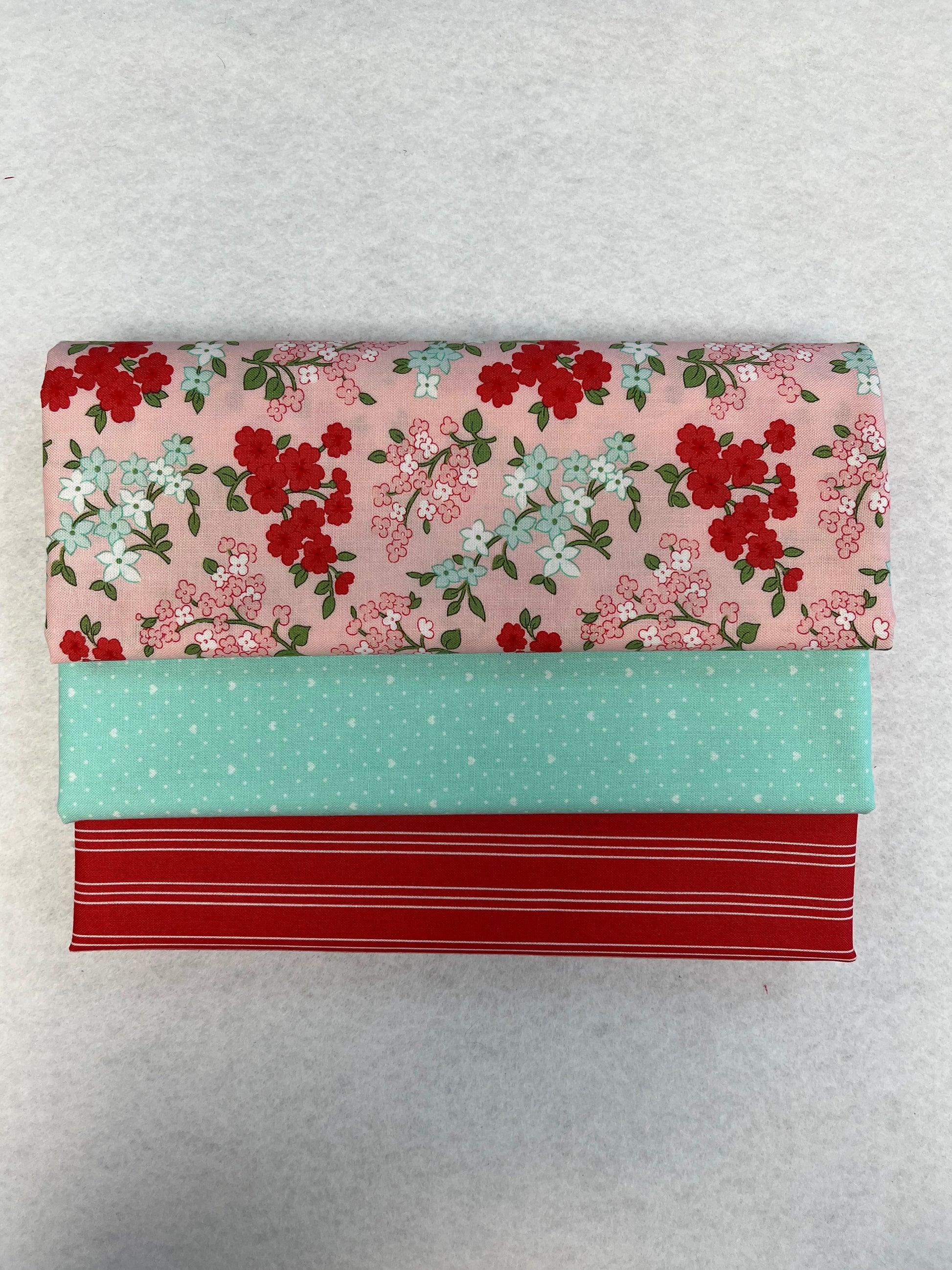 3 - 1 yard Bundle -Pink and Teal Floral with Stripe and Dots