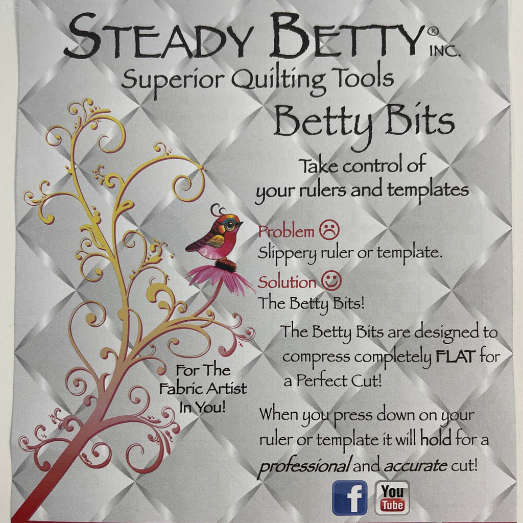 Advertisement for Steady Betty Inc. Betty Bits quilting tools with decorative elements on a textured background.