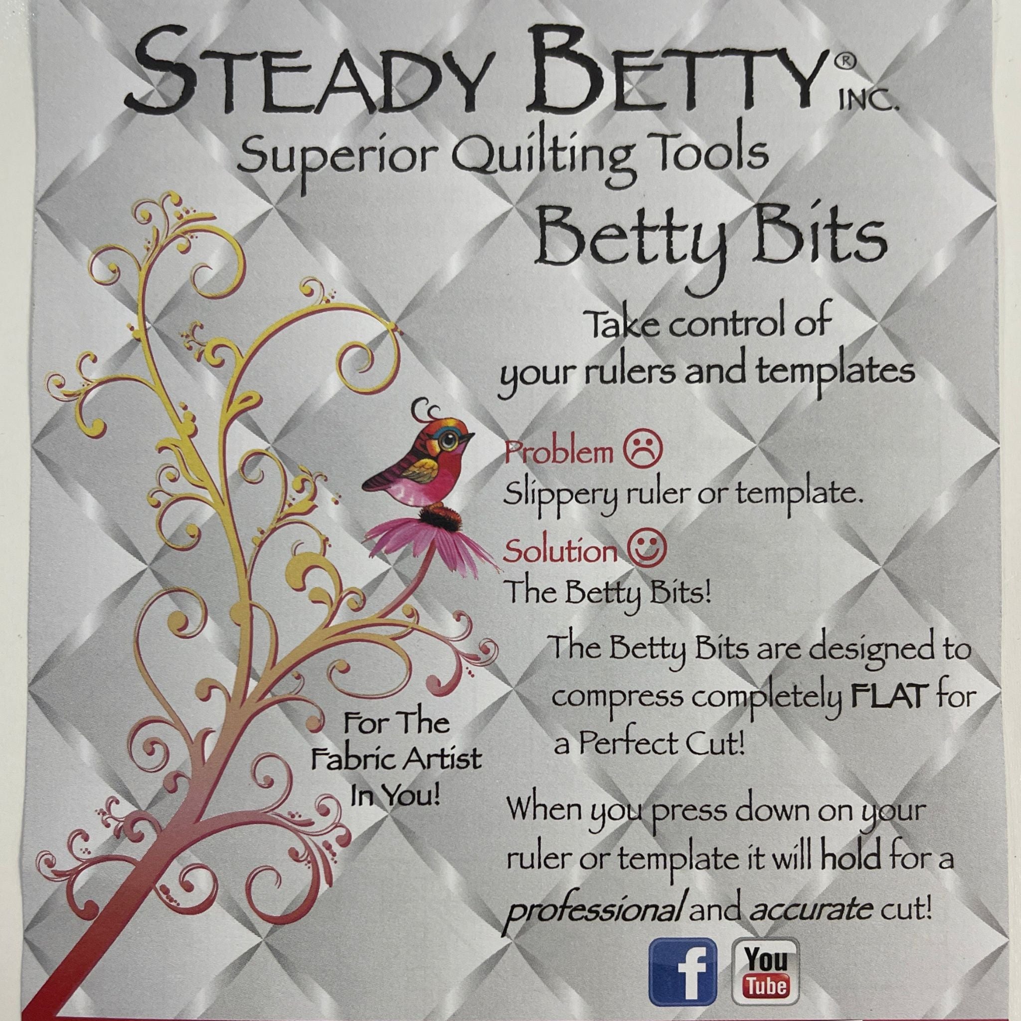 Advertisement for Steady Betty Inc. Betty Bits quilting tools with decorative elements on a textured background.