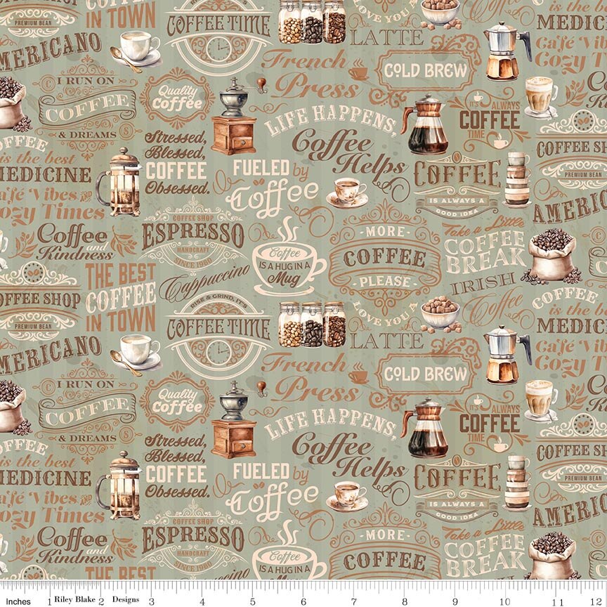 Coffee Time by Riley Blake - Text Sage