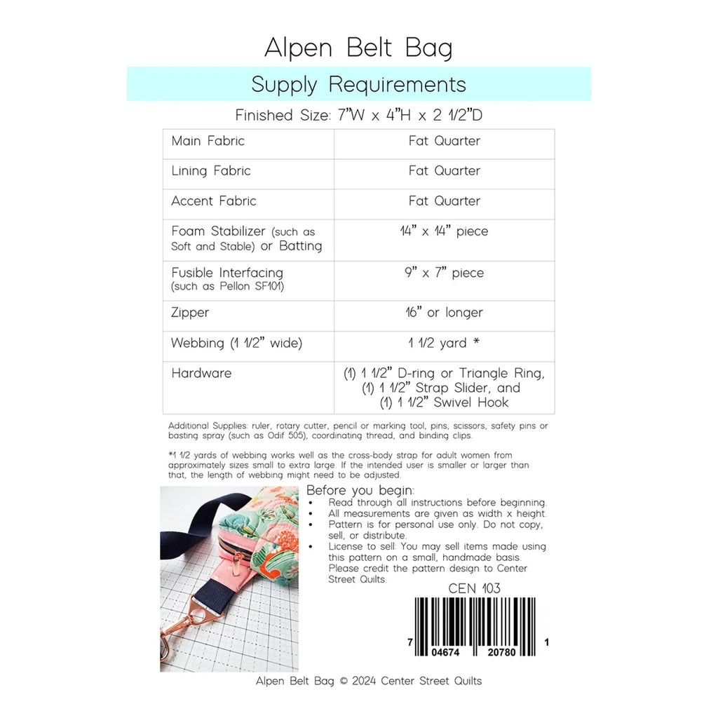 Pattern: Aspen Belt Bag by Center Street Quilts