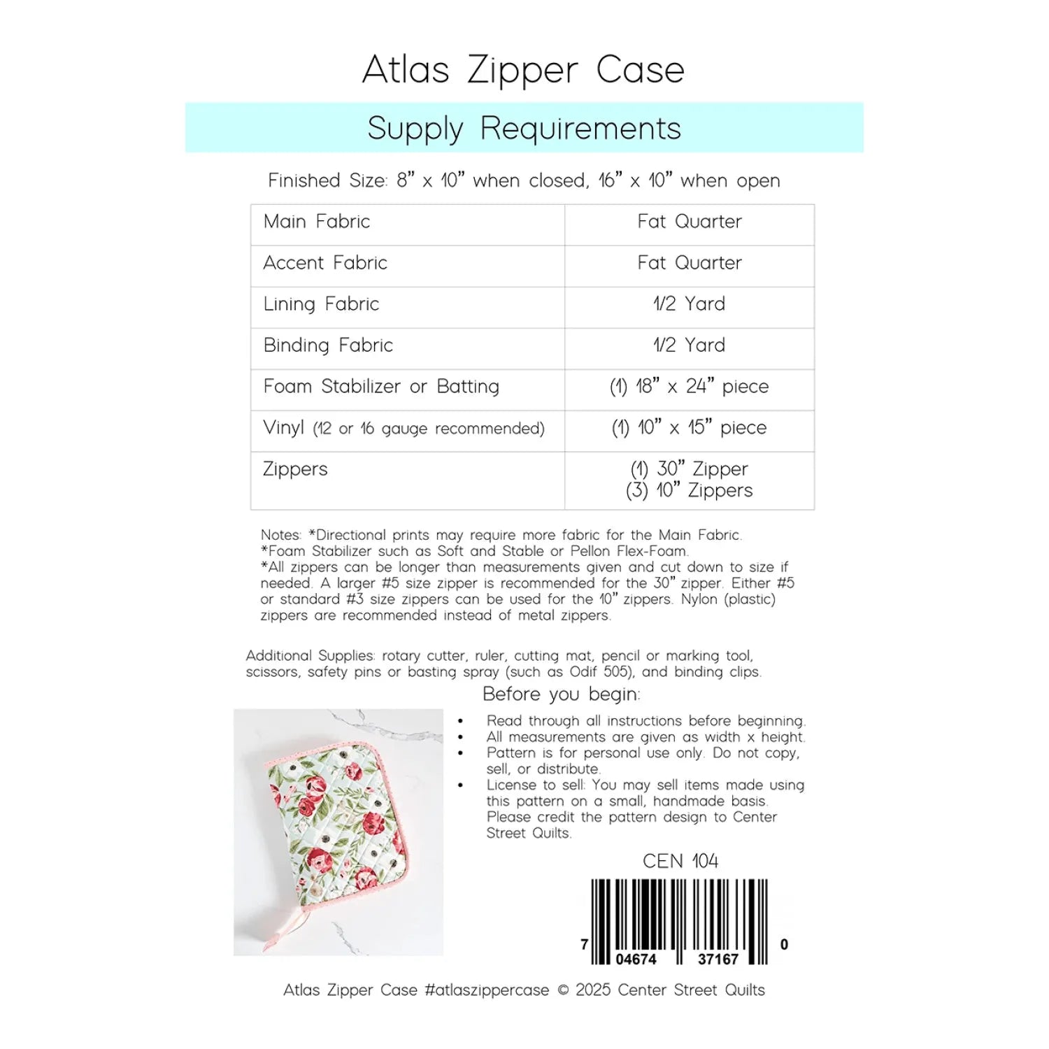 Pattern: Atlas Zipper Case by Center Street Quilts