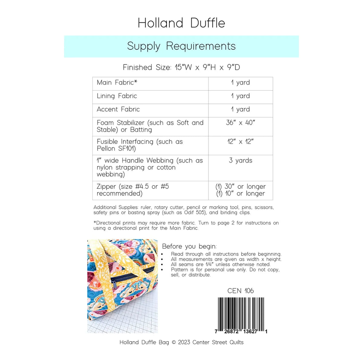 Pattern: Holland Duffle Bag by Center Street Quilts