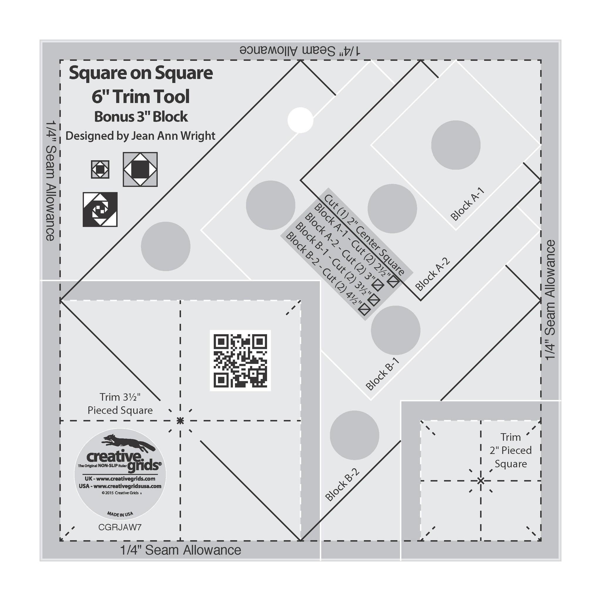 Creative Grids Square on Square Trim Tool 3in or 6in Finished Blocks Quilt Ruler