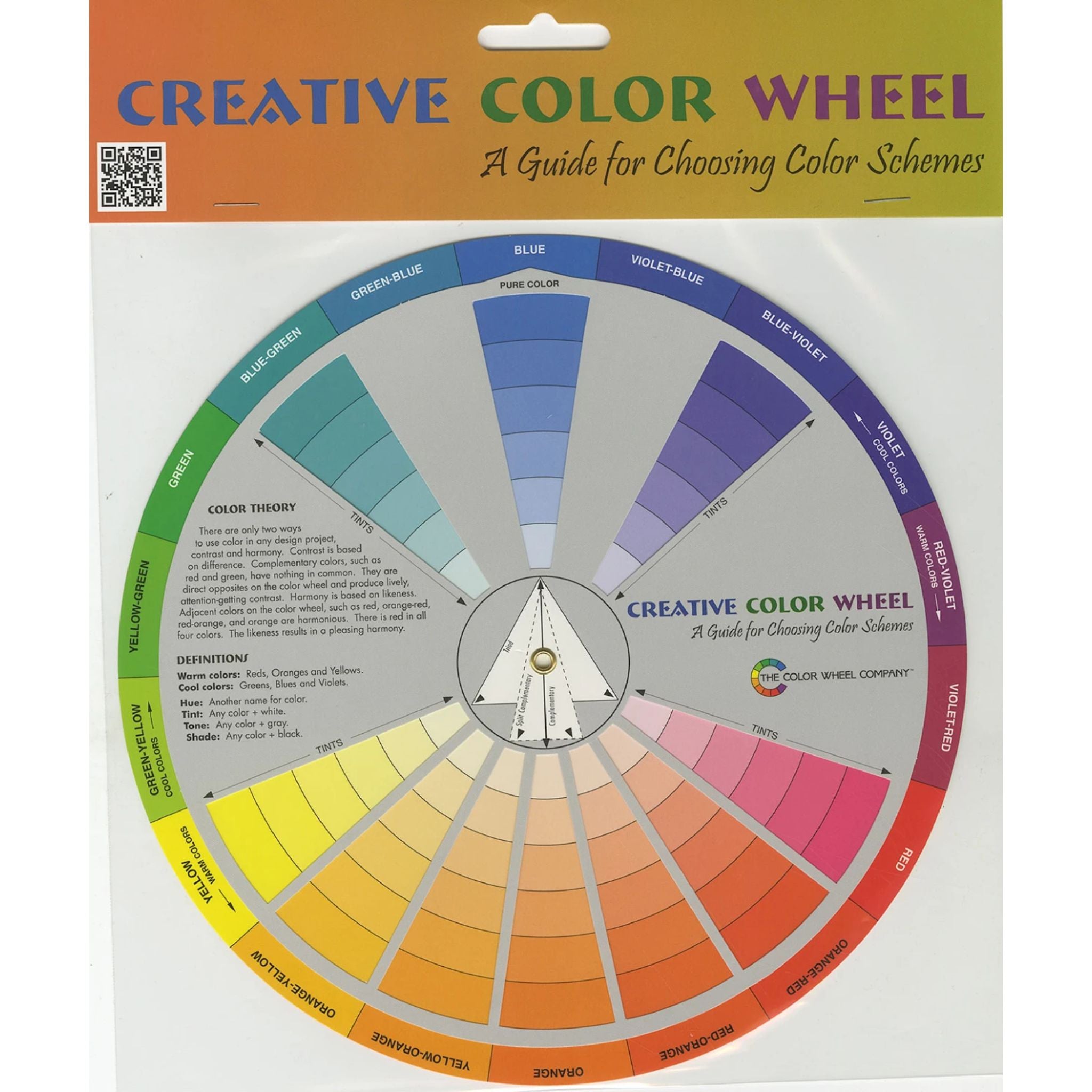 Color wheel guide for choosing color schemes on a white background