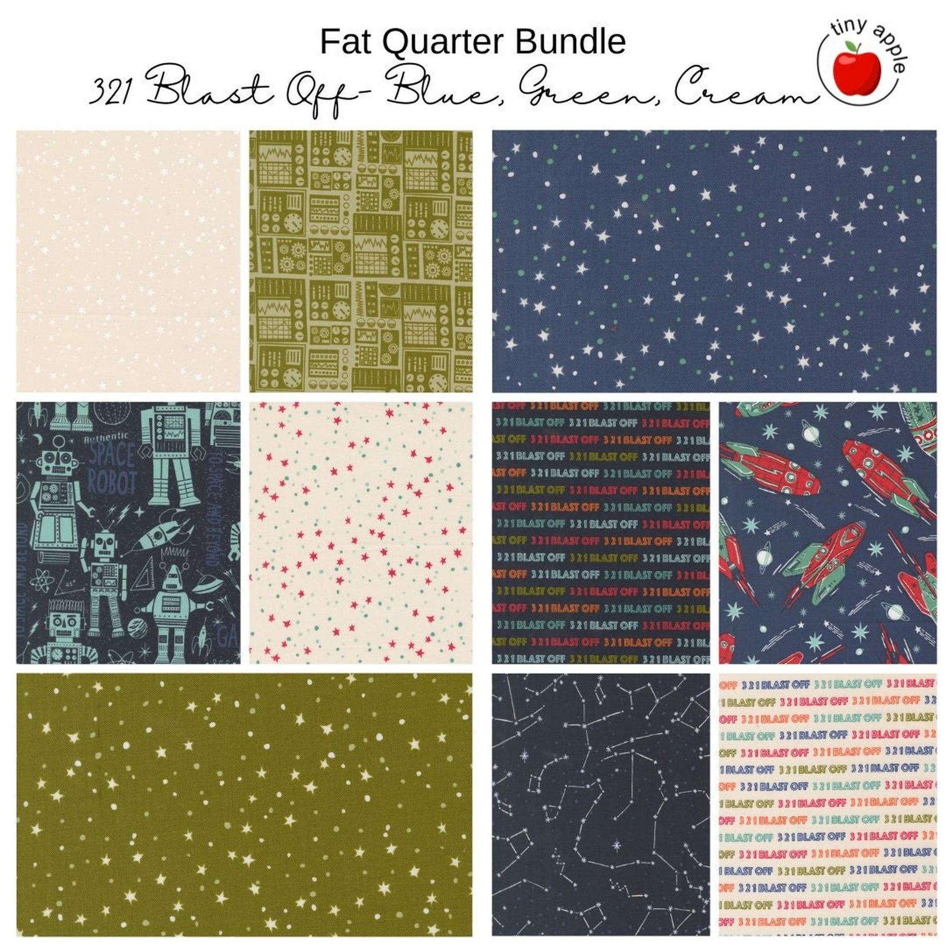 Fat Quarter Bundle (10) - 321 Blast Off - Blue, Green and Cream