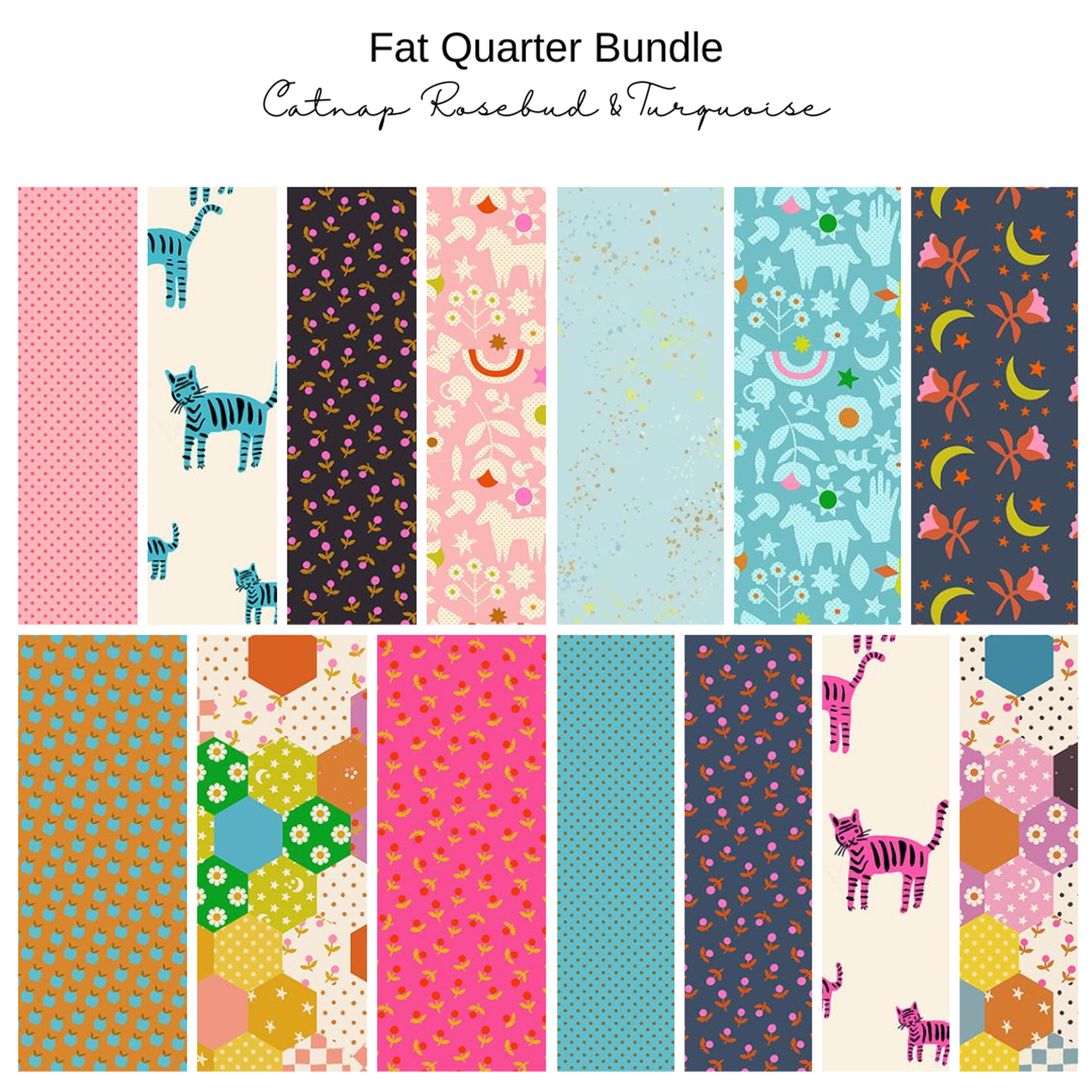 Fat Quarter Bundle (14) - Catnap - Rosebud & Turquoise
