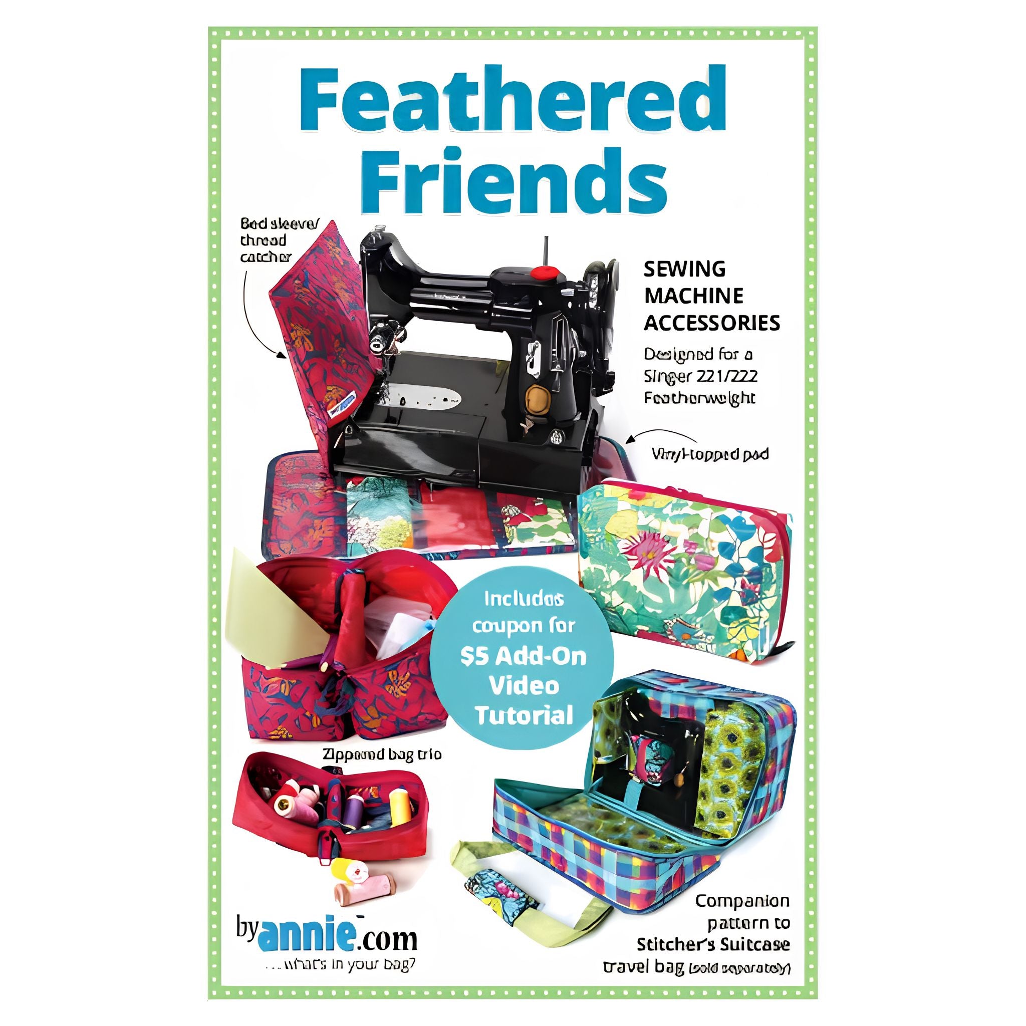 Sewing machine accessories set with colorful cases on a white background, featuring text about 'Feathered Friends' by Annie.com.