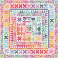 A square quilt pattern or fabric design featuring a colorful patchwork border and central floral/starburst motif in pastel and bright tones, shown flat against a white background.