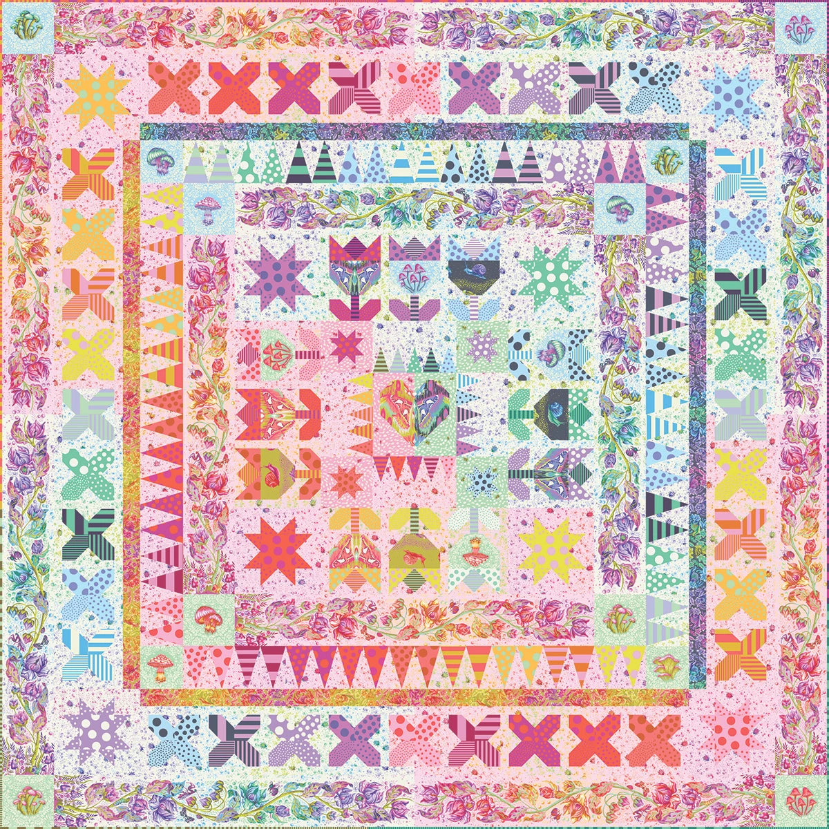 A square quilt pattern or fabric design featuring a colorful patchwork border and central floral/starburst motif in pastel and bright tones, shown flat against a white background.