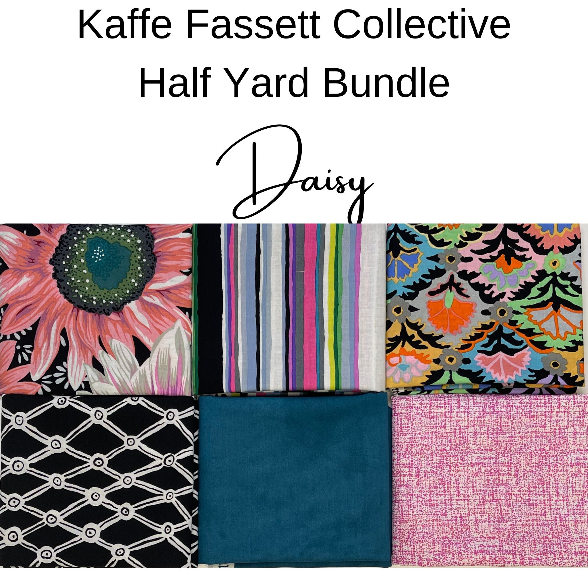 A product bundle graphic for Kaffe Fassett Collective's Daisy half yard fabric bundle, featuring six different patterned and textured fabric squares below the text 'Kaffe Fassett Collective Half Yard Bundle Daisy'.