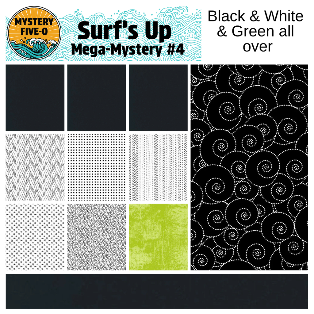 Collection of black, white, and green patterned tiles with 'Mystery Five-O' branding.