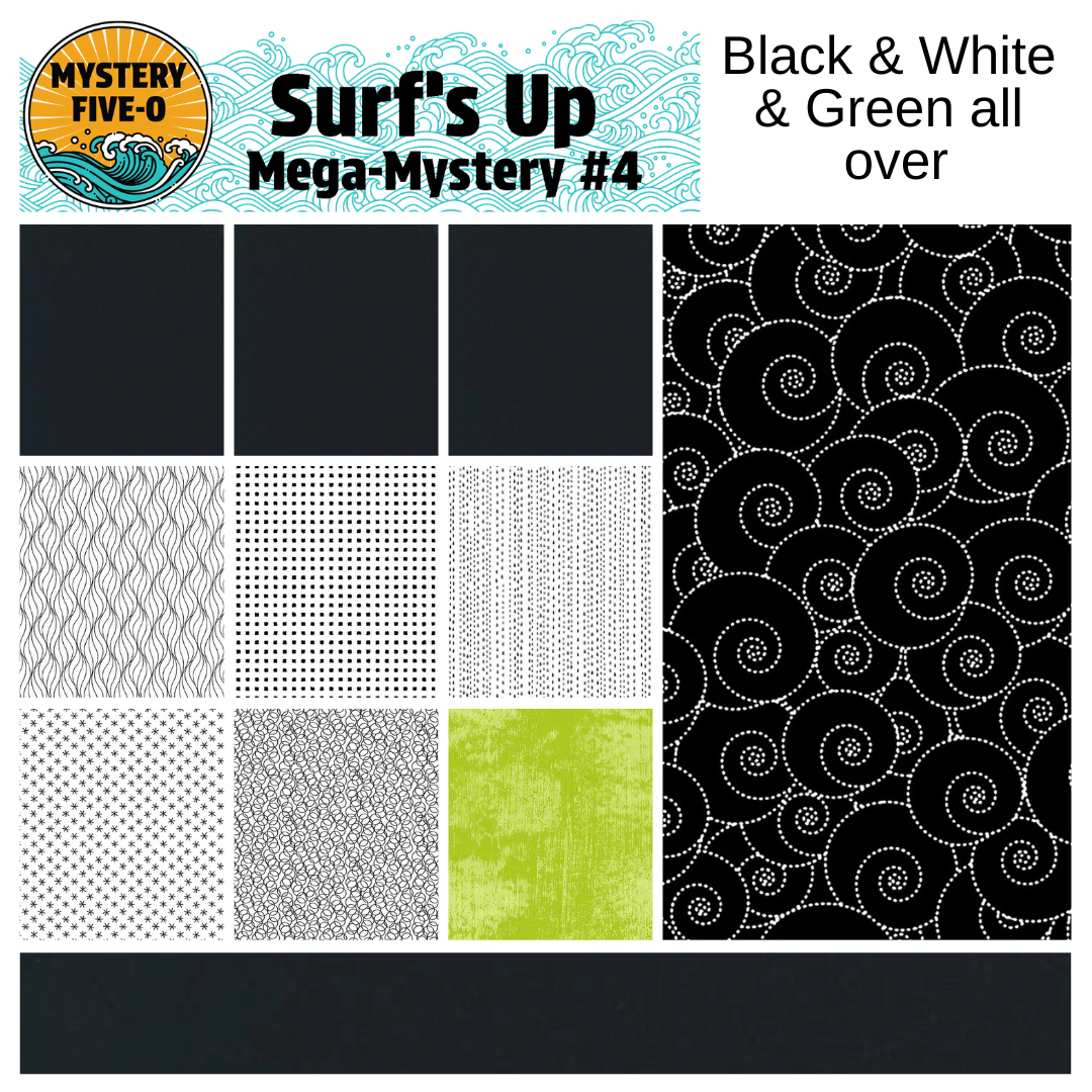 Collection of black, white, and green patterned tiles with 'Mystery Five-O' branding.