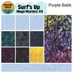 Purple Batik fabric swatch with 'Surf's Up' and 'Mystery Five-O' branding.