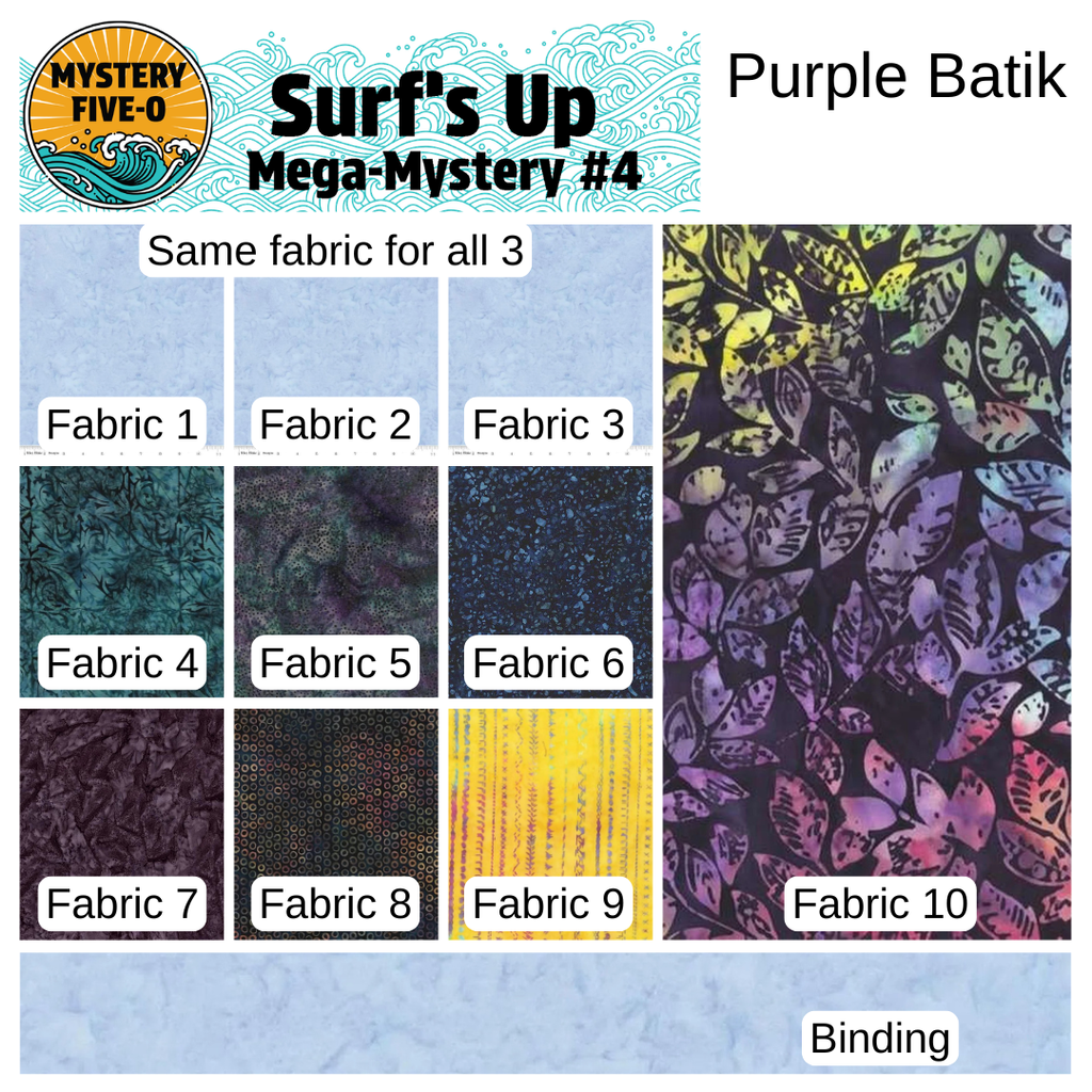 Purple Batik fabric swatch chart with 'Surf's Up' theme and 'Mystery Five-O' branding.