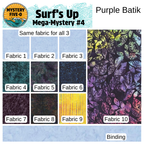 Purple Batik fabric swatch chart with 'Surf's Up' theme and 'Mystery Five-O' branding.