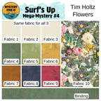 Floral fabric swatch chart with color samples and 'Surf's Up' text