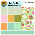 Collection of fabric swatches with a floral pattern and color samples, featuring 'Mystery Five-O' and 'Tula Flower' branding.