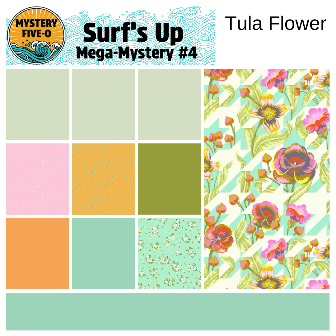 Collection of fabric swatches with a floral pattern and color samples, featuring 'Mystery Five-O' and 'Tula Flower' branding.