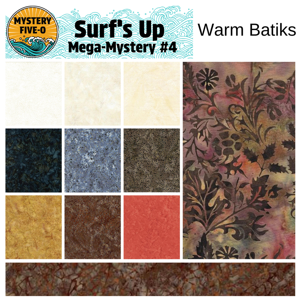 Collection of warm batik fabric swatches with 'Surf's Up' and 'Mystery Five-O' branding.