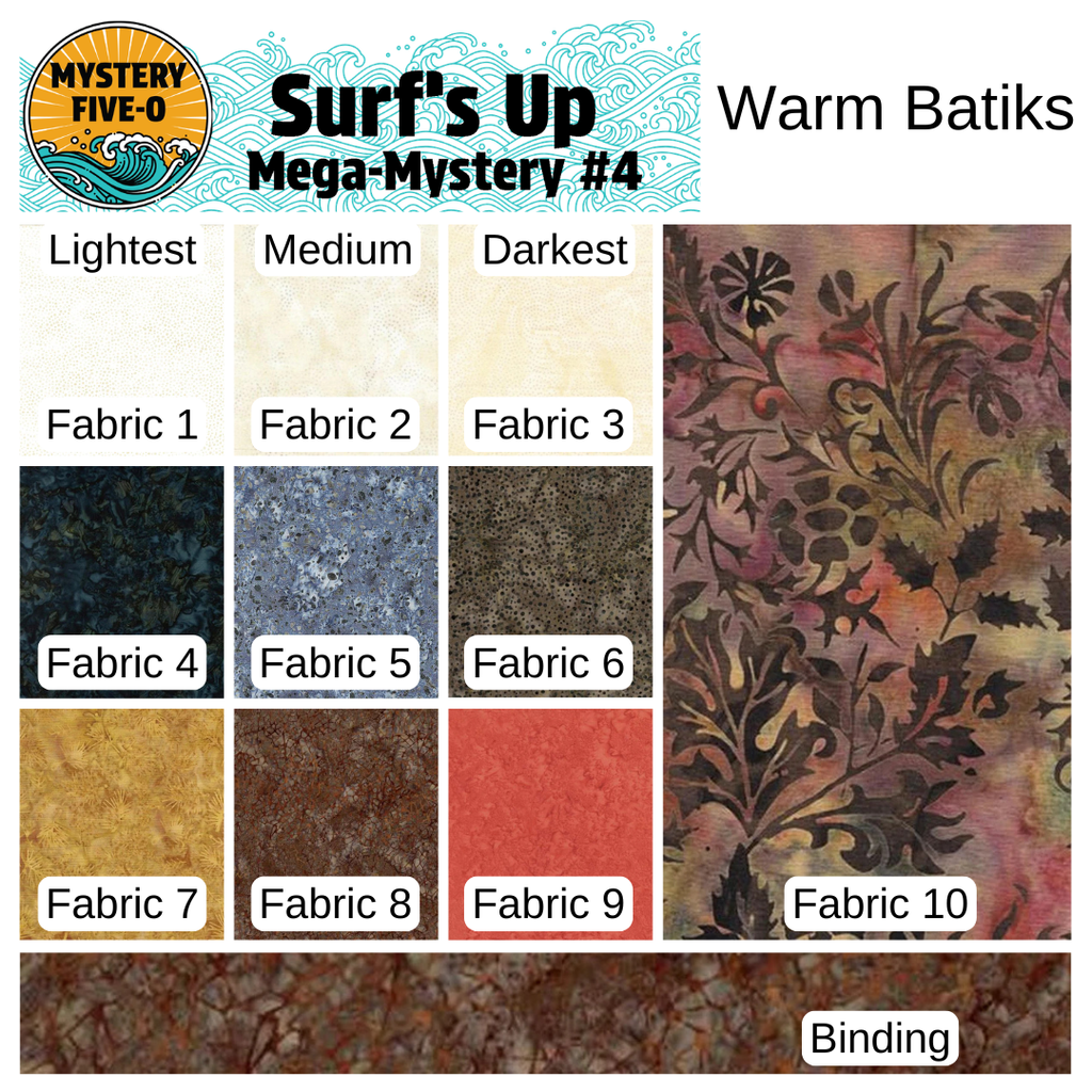 Color swatch chart for 'Surf's Up Mega-Mystery #4' with warm batik fabrics.
