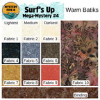 Color swatch chart for 'Surf's Up Mega-Mystery #4' with warm batik fabrics.