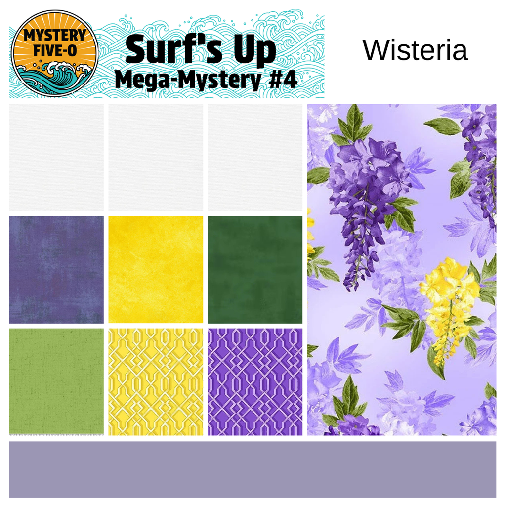 Packaging for 'Surf's Up Mega-Mystery #4' by Mystery Five-O with floral design and color swatches.