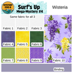Fabric swatch chart for 'Surf's Up Mega-Mystery #4' with floral pattern and color samples.