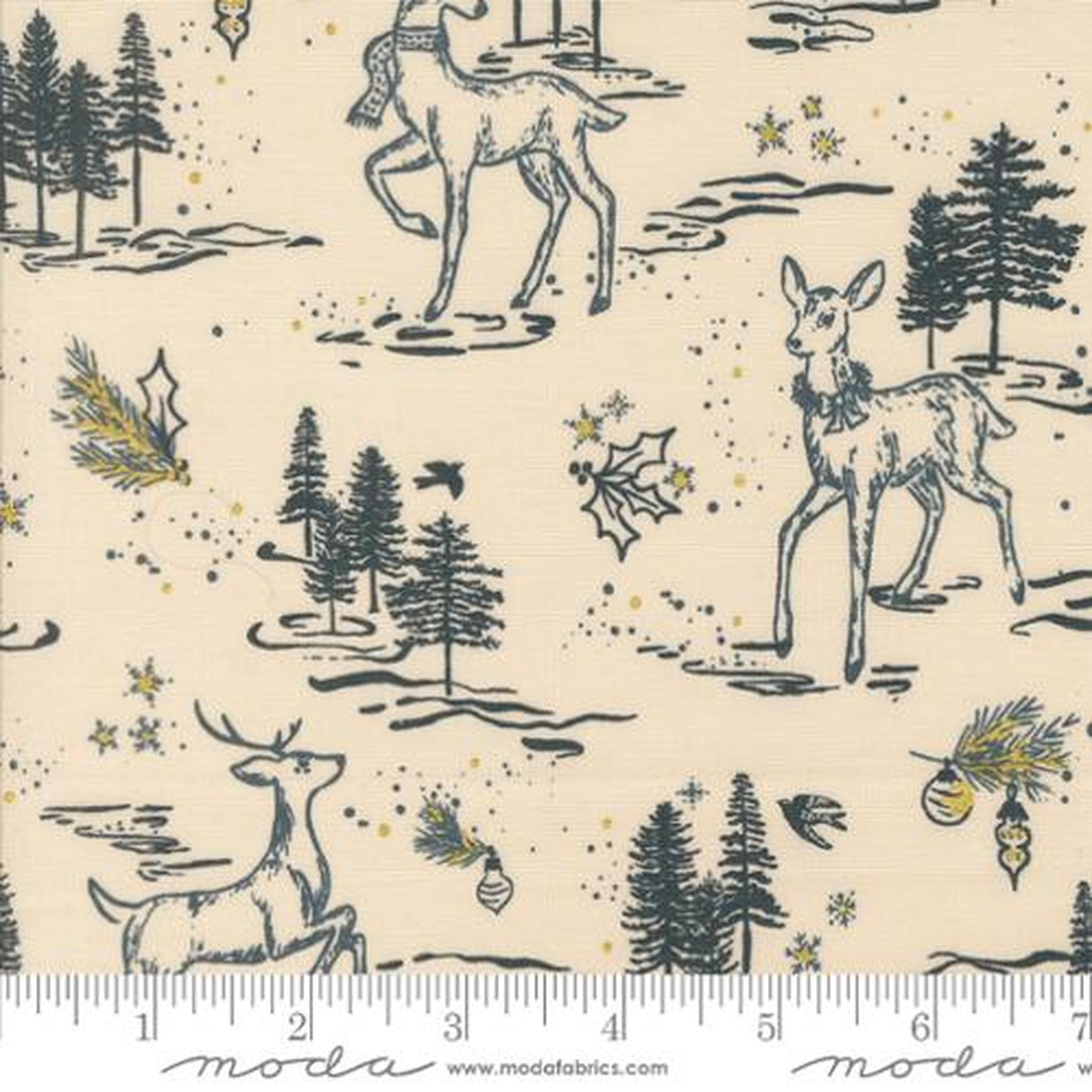 Old World Yuletide Oh Deer Toile Landscape and Nature Deer Snow Trees Metallic Eggshell