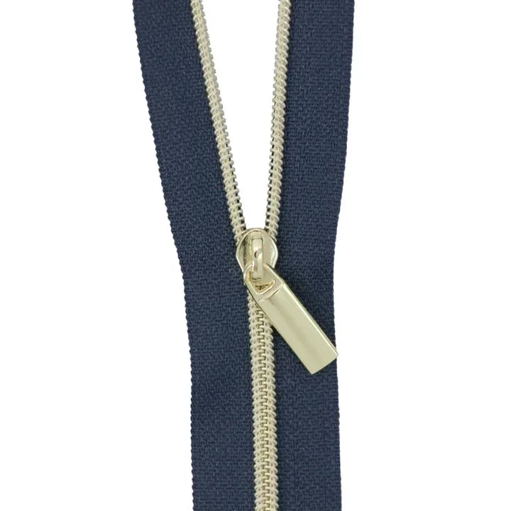 Navy Nylon Coil Zipper #3 - Gold