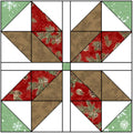 A quilt block design featuring four quadrants with geometric triangles in brown, red floral print, and light green with snowflake patterns, separated by white and black grid lines.