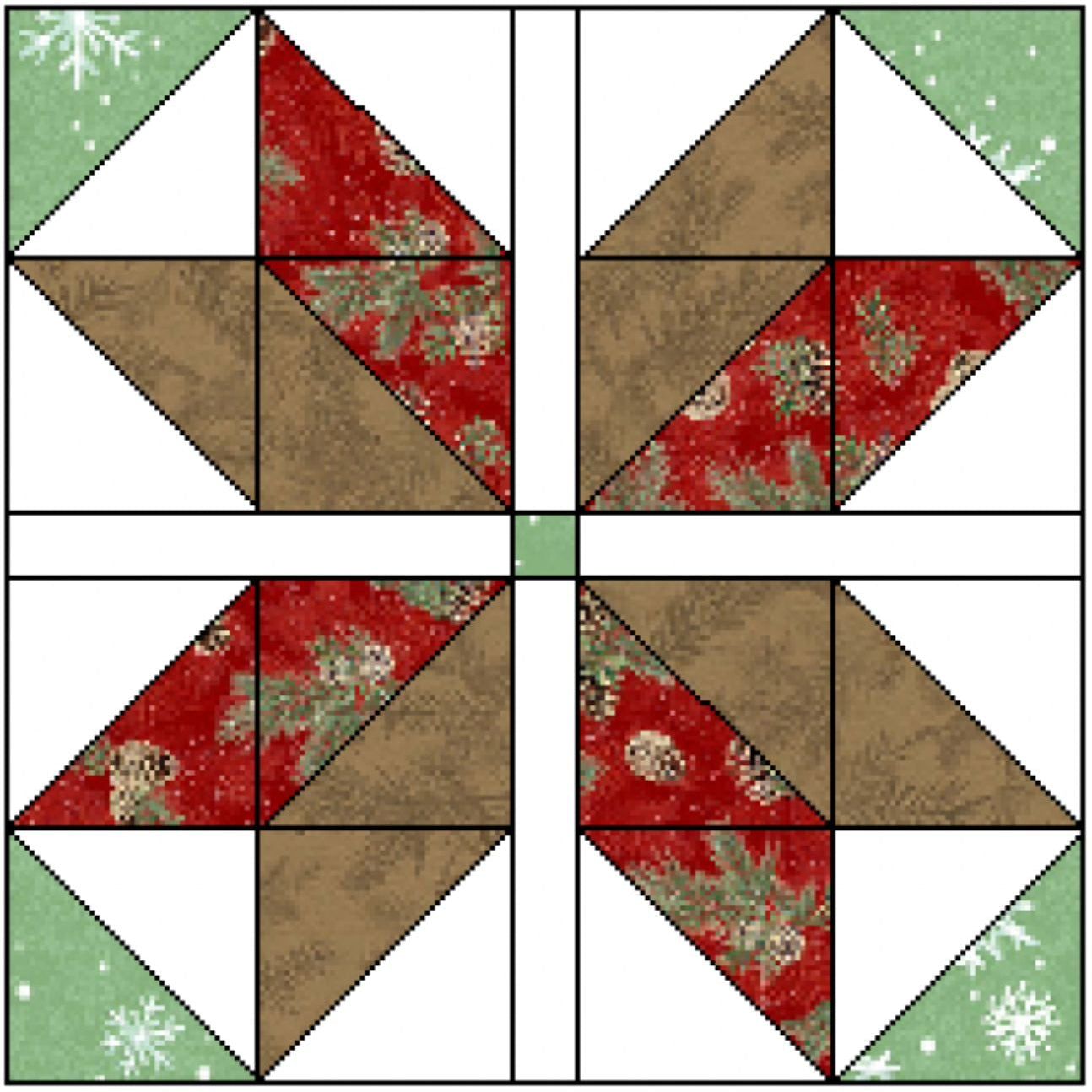 A quilt block design featuring four quadrants with geometric triangles in brown, red floral print, and light green with snowflake patterns, separated by white and black grid lines.