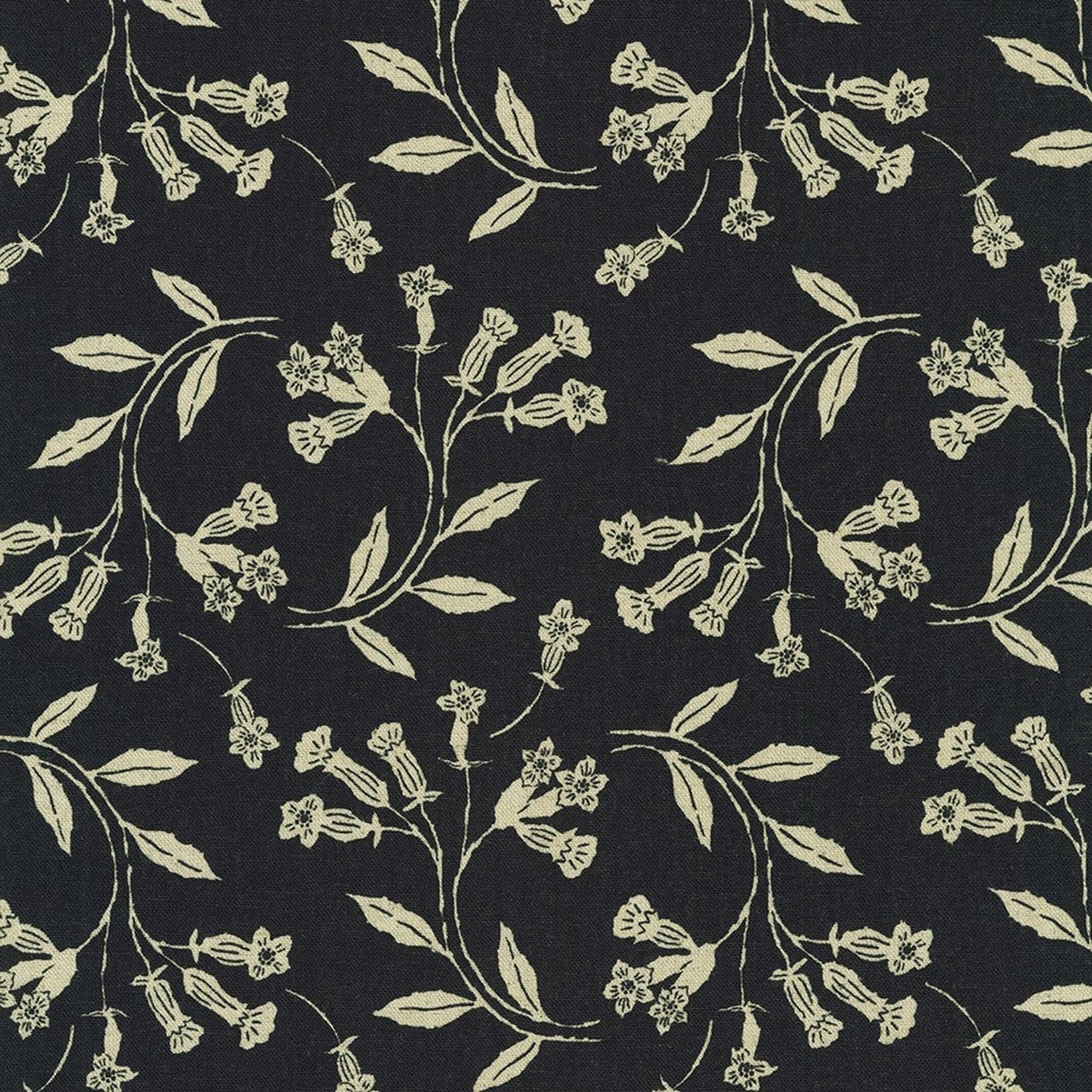 RK Cotton Flax Prints - Swirly Flowers: Black