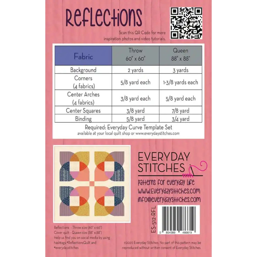 Everyday Stitches quilt pattern packaging with fabric requirements and QR code.