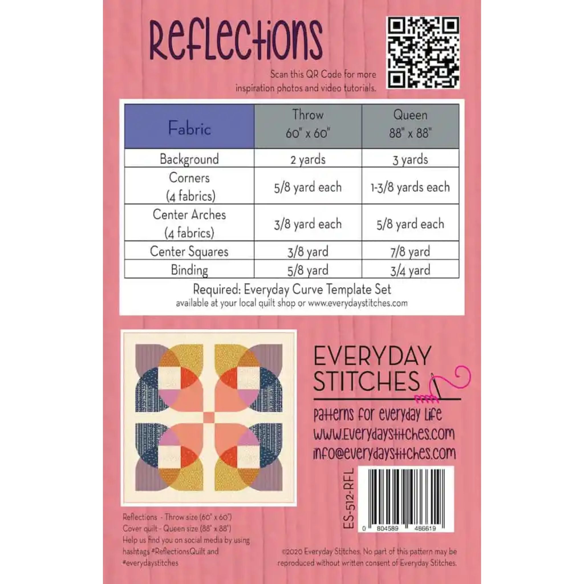 Everyday Stitches quilt pattern packaging with fabric requirements and QR code.