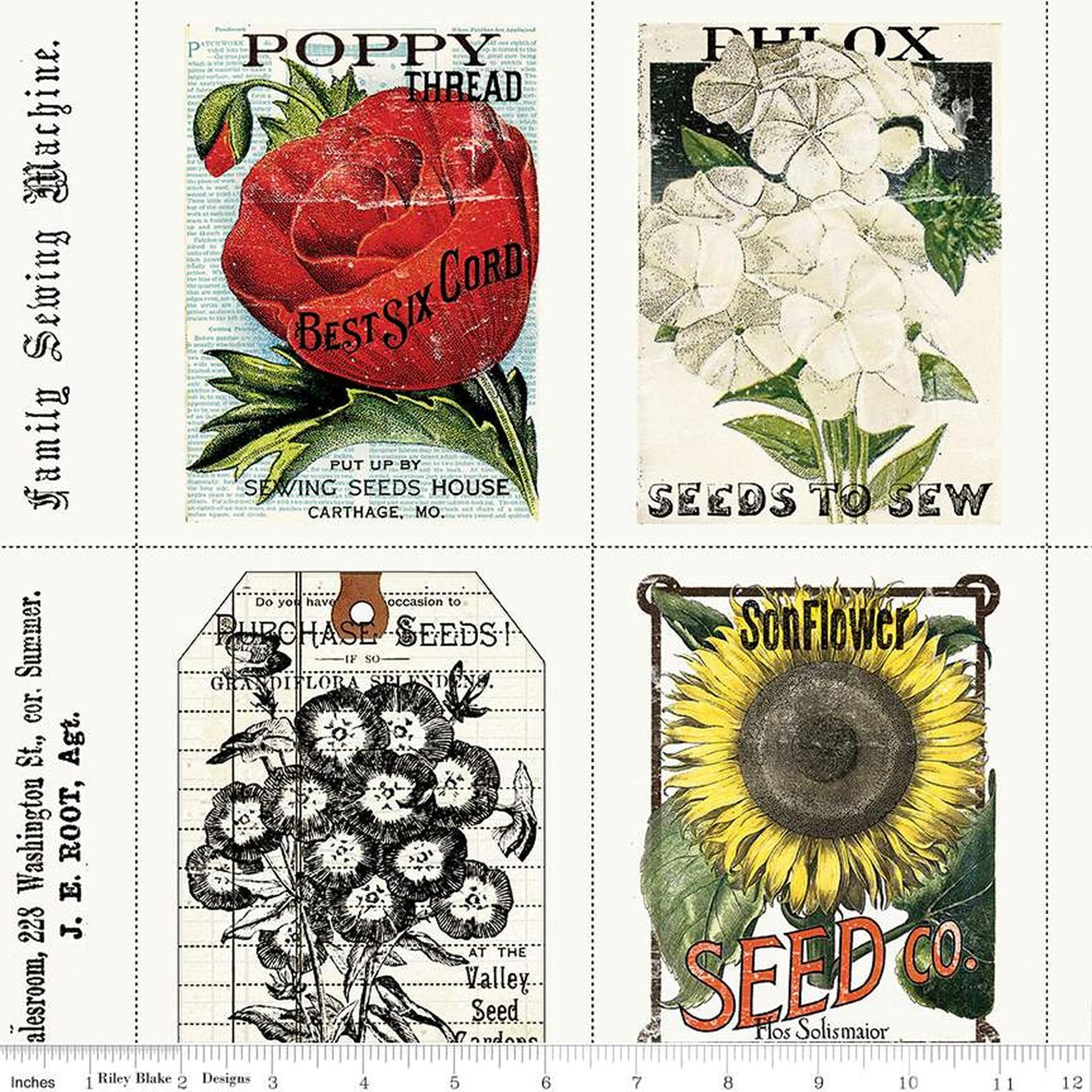 antique flower seed packets Riley Blake Small Sewing Seeds Packs Panel (36") – Tiny Apple Fabric & Crafts