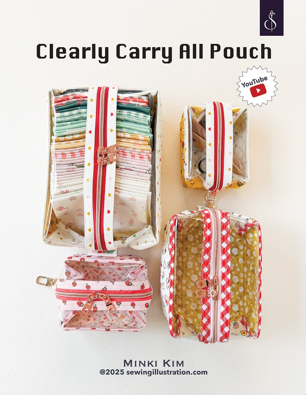 Clearly Carry All Pouches with colorful patterns on a white background