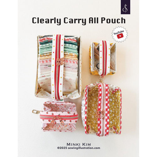 Clearly Carry All Pouches with colorful patterns on a white background
