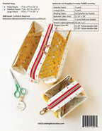 Pattern for making pouches with materials list and sewing illustration.com branding.