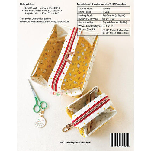 Pattern for making pouches with materials list and sewing illustration.com branding.