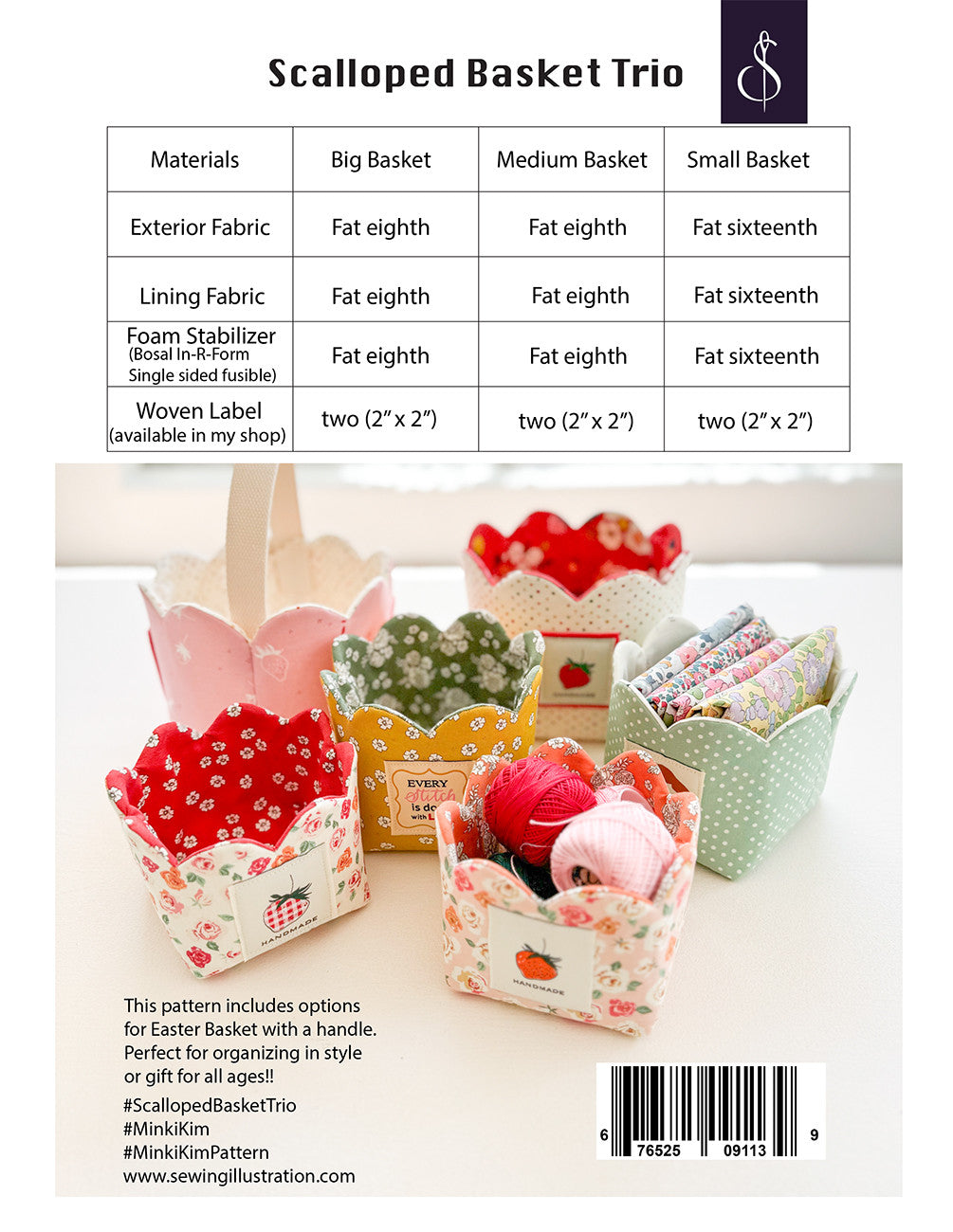 Scalloped Basket Trio pattern with materials list and product images on a white background
