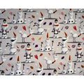 A close-up of a repeating pattern featuring cartoon snowman characters from Frozen with orange hats and colorful leaves on a light gray background.