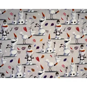 A close-up of a repeating pattern featuring cartoon snowman characters from Frozen with orange hats and colorful leaves on a light gray background.