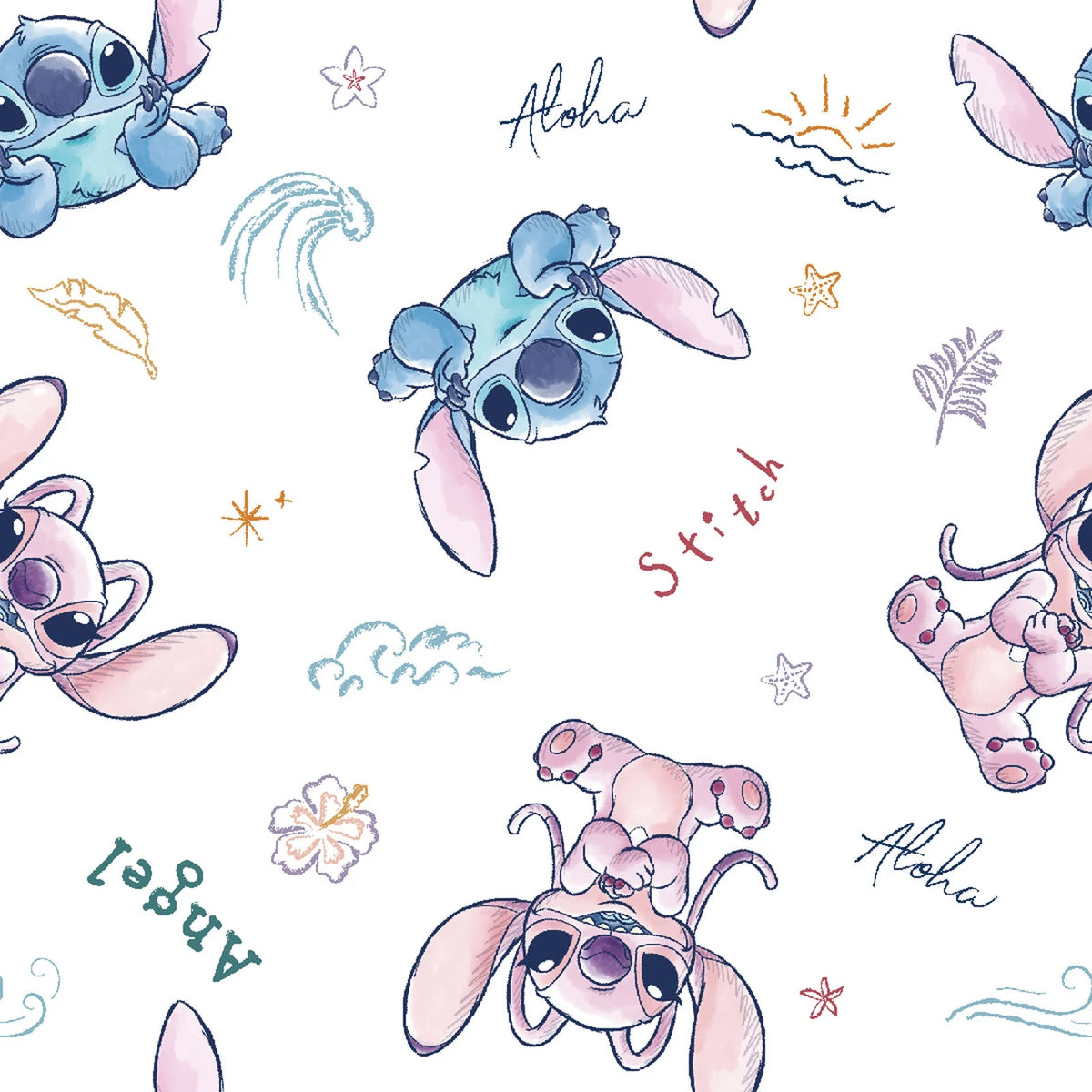 Licensed Prints - Stitch and Angel Sketch Wave - White