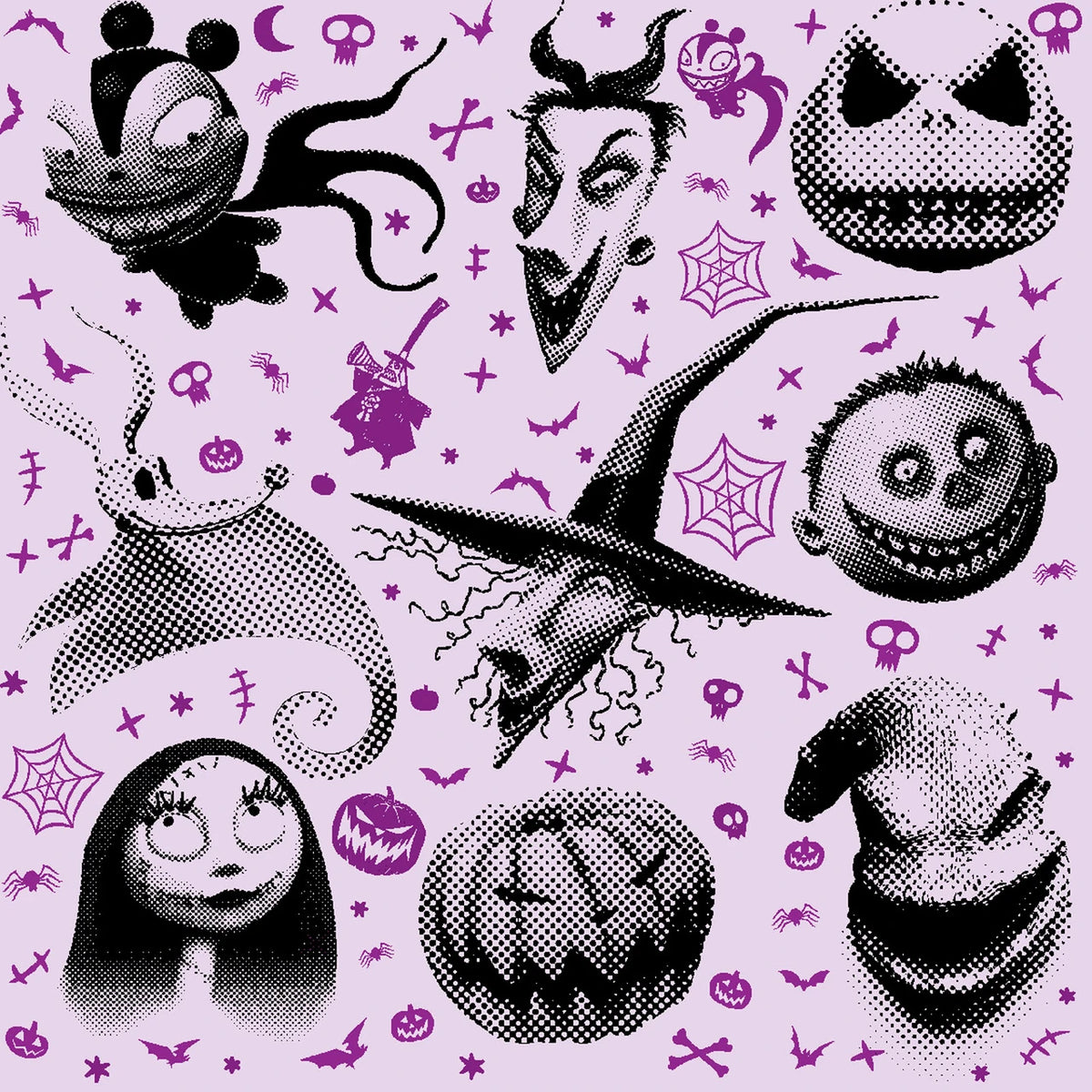 A repeating Halloween-themed pattern featuring black-and-white halftone illustrations of Jack Skellington, Sally, Nightmare Before Christmas characters, pumpkins, bats, spiderwebs, and purple spooky icons on a light lavender background.