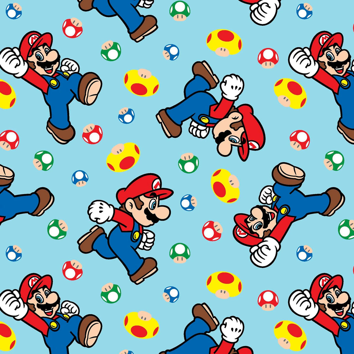 Pattern of Super Mario characters and items on a blue background