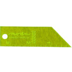 A lime green fabric yardage cutter from Moda Fabrics & Supplies, featuring a triangular shape with measurement markings and a circular hole on the left side, shown on a plain white background.