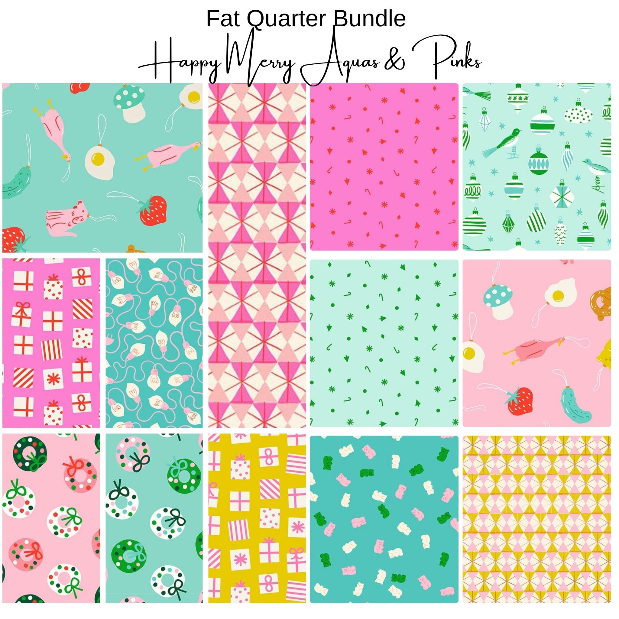 Fat Quarter Bundle (13) - Merry Happy - Pink and Aqua