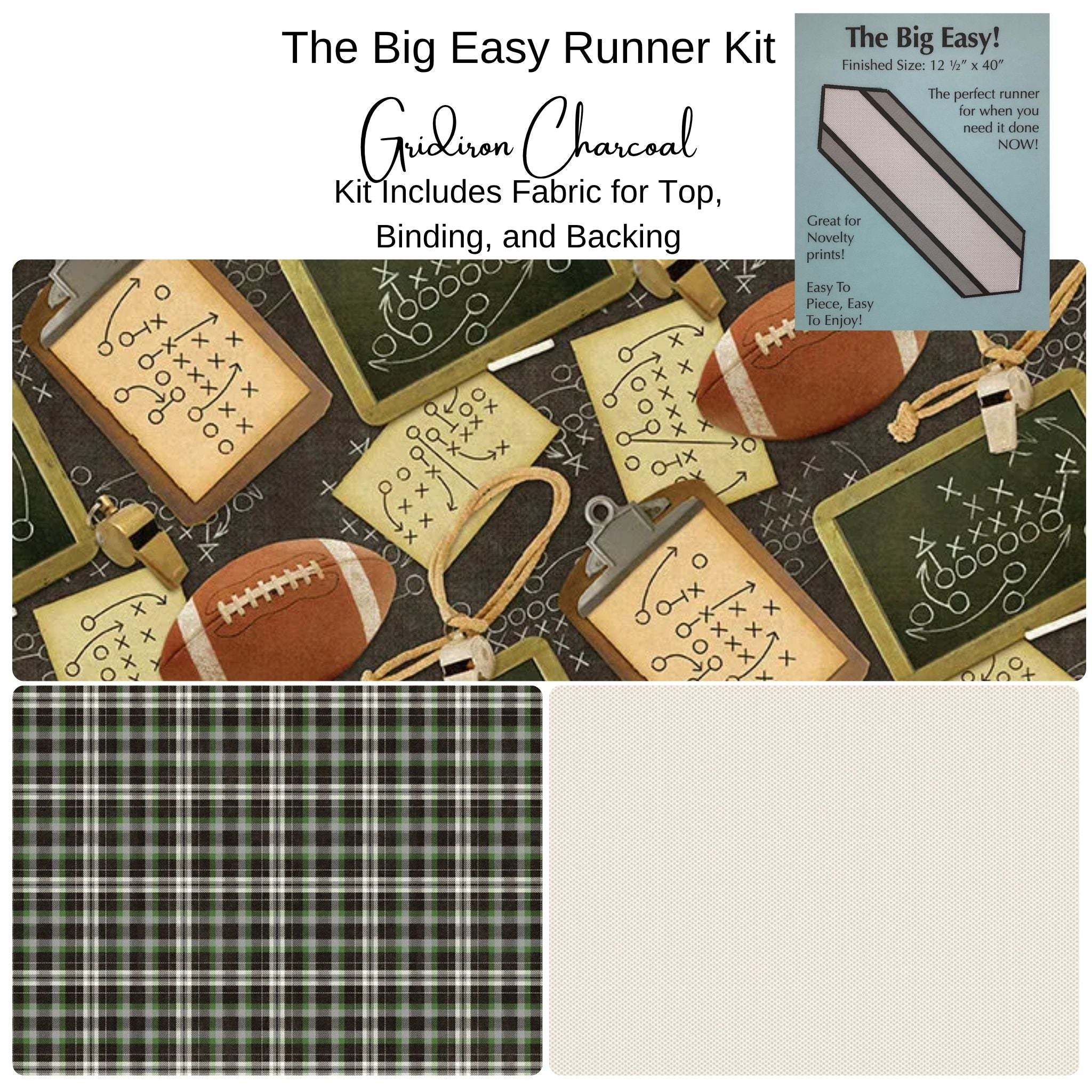 The Big Easy Runner Kit by Gridiron Charcoal, featuring a football-themed fabric top design with chalkboard markings, footballs, and a plaid pattern swatch, alongside a cream fabric swatch and product text overlays.